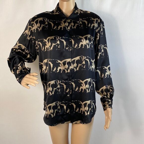 Ann May 100% silk bear print long sleeve blouse top size S - Picture 1 of 9
